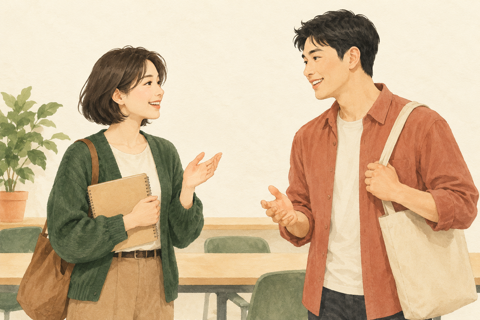 Two fictional adult learners greeting each other in a quiet classroom.